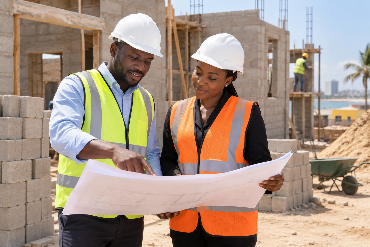 Illustration : professionnels portant des équipements de protection et examinant des plans sur un chantier.